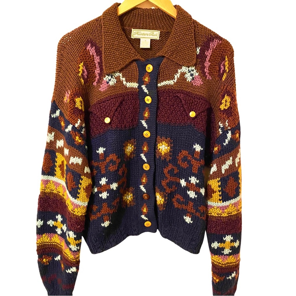 Vintage chunky multi color pattern collared cardigan Medium